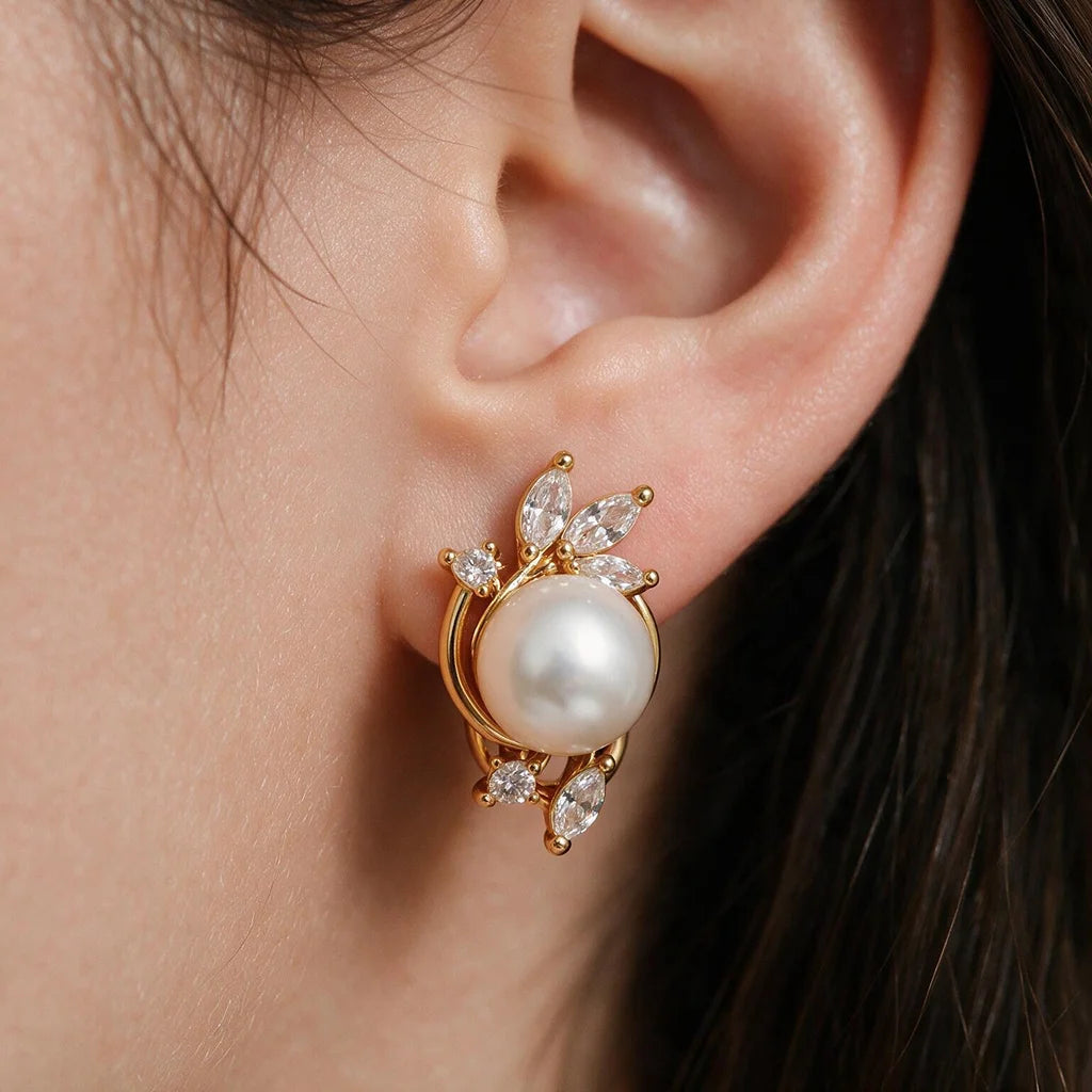 Pearl and Crystal Leaf Earrings