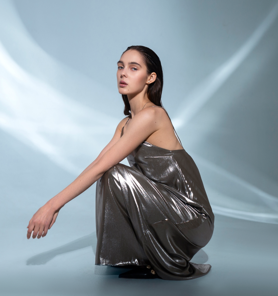Long Backless Metallic Dress
